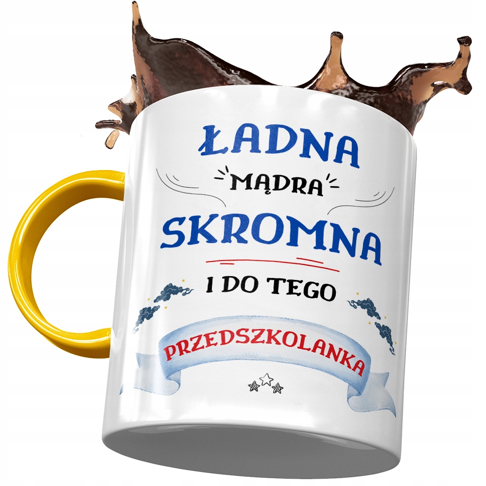 Kubek Żółty Dla Przedszkolanki Ładna Mądra Skromna Z Nadrukiem Ze Zdjęciem