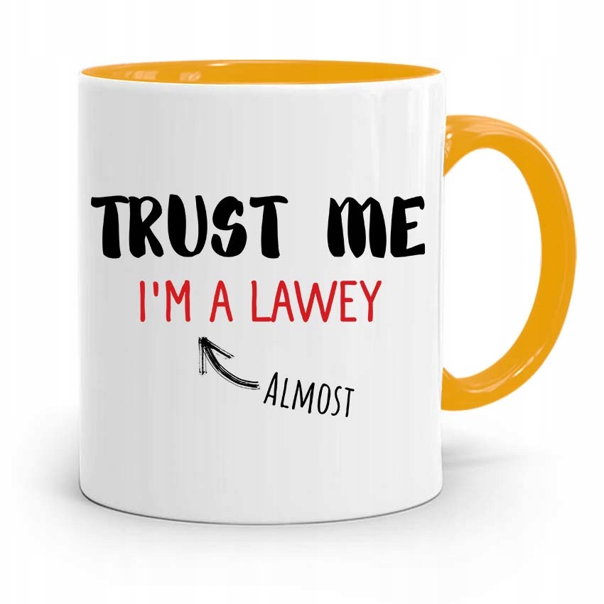 Kubek Żółty Prezent Dla Prawnika Mecenasa Trust Me Z Nadrukiem Ze Zdjęciem