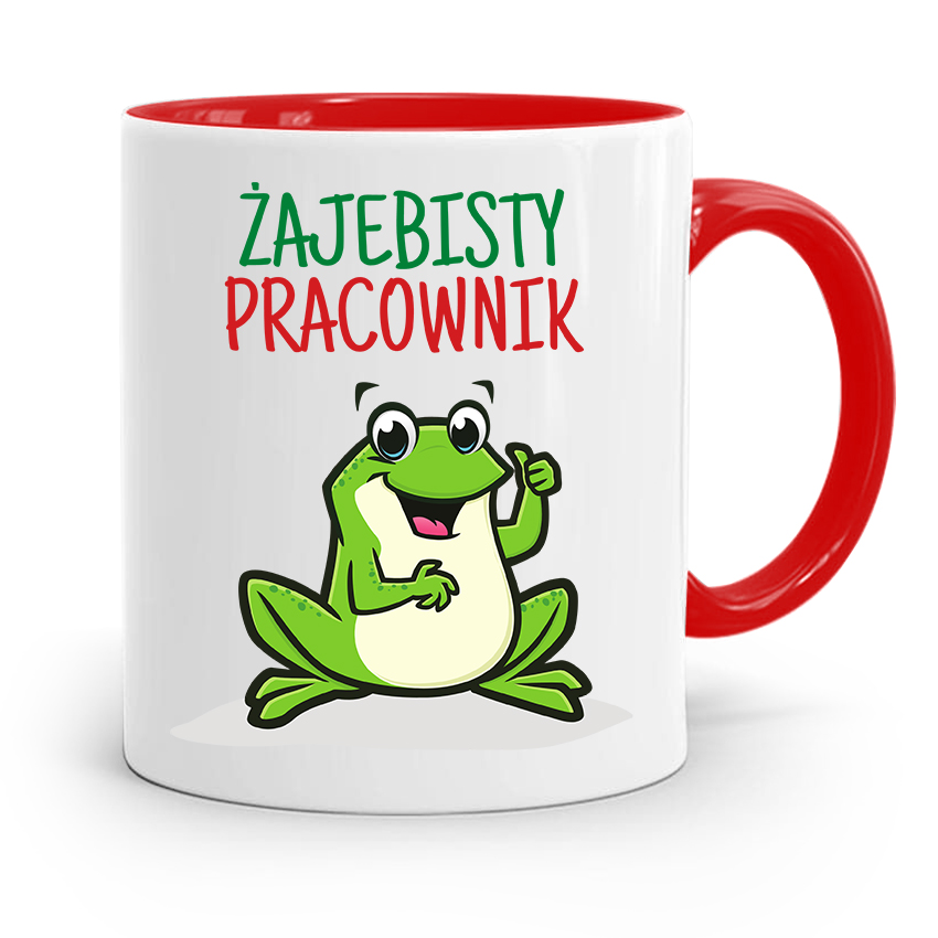 Dla Pracownika Kubek Czerwony Żajebisty Pracownik Z Nadrukiem Ze Zdjęciem