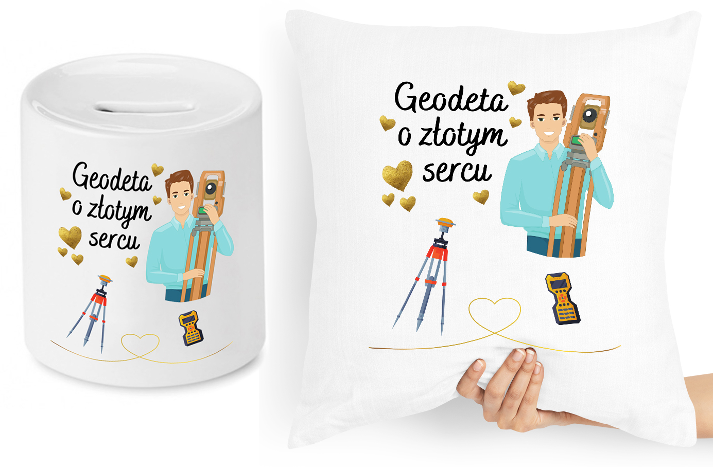Dla Geodety Zestaw Poduszka + Skarbonka Prezent Z Nadrukiem Ze Zdjęciem