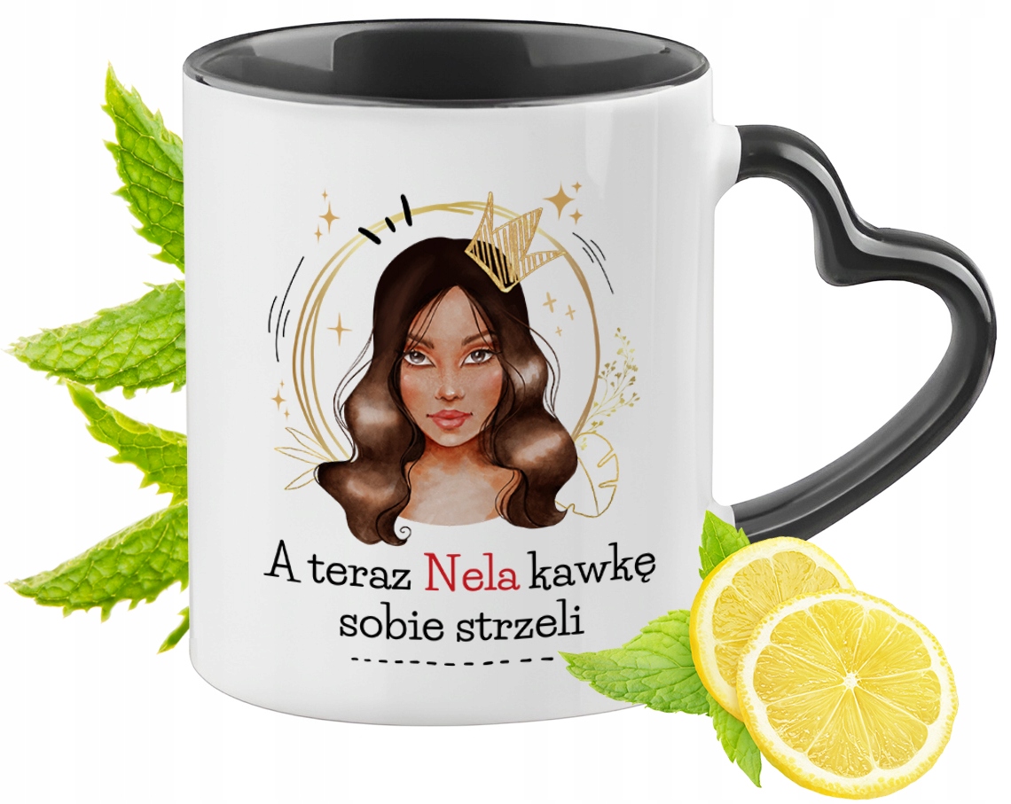 Dla Neli Kubek Czarny Z Uszkiem W Kształcie Serca Na Prezent Z Nadrukiem