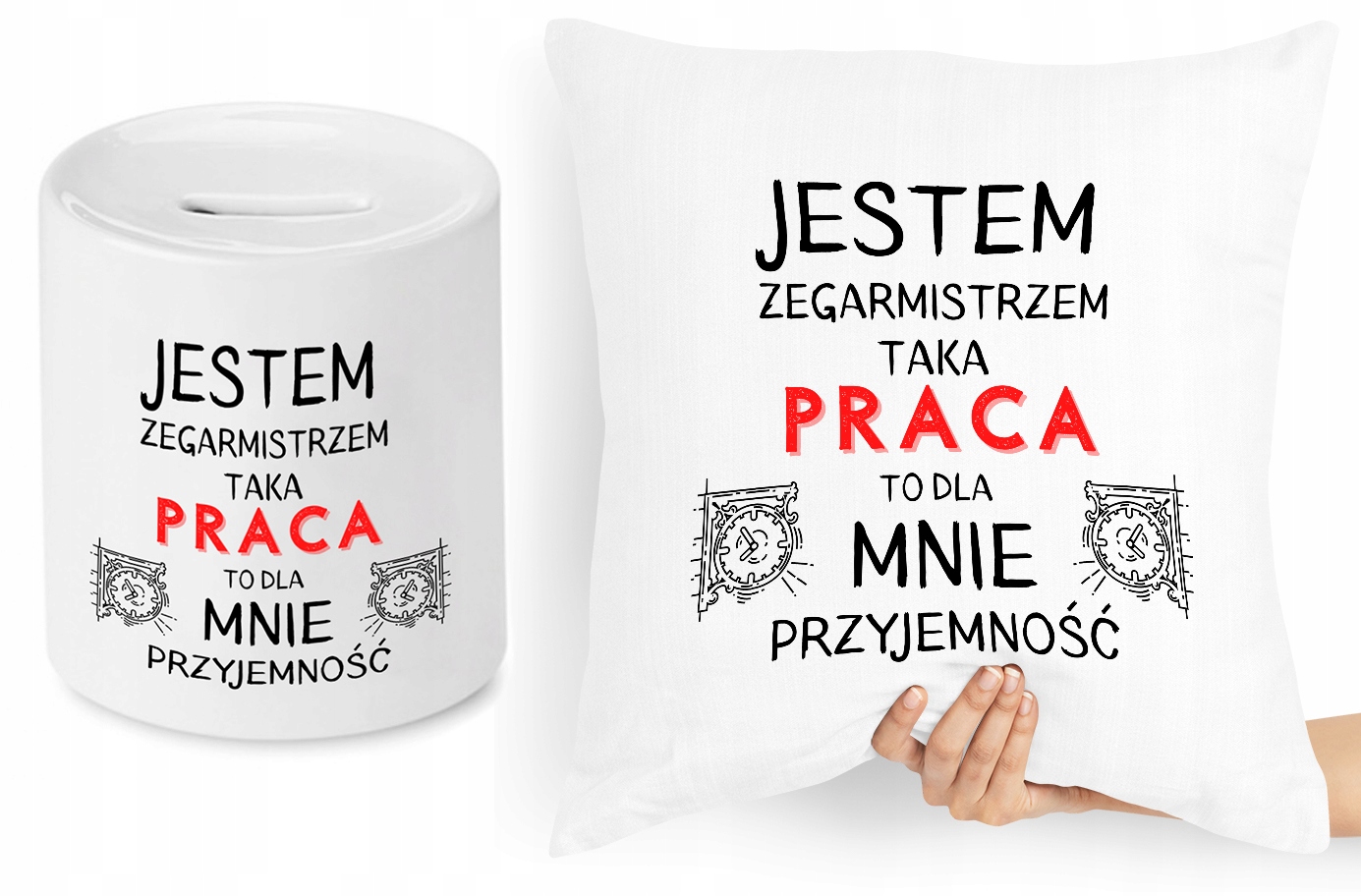 Dla Zegarmistrza Zestaw Poduszka + Skarbonka Z Nadrukiem Ze Zdjęciem