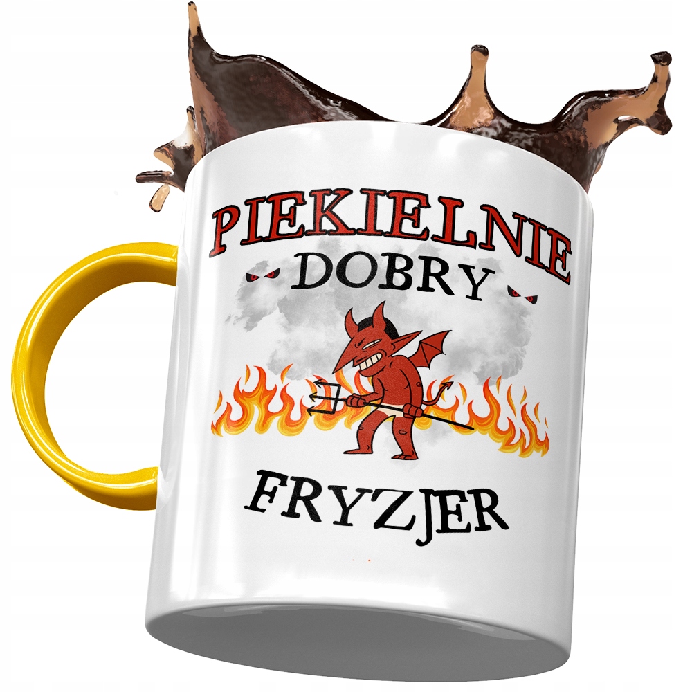 Kubek Żółty Dla Fryzjera Piekielnie Dobry Fryzjer Z Nadrukiem Ze Zdjęciem