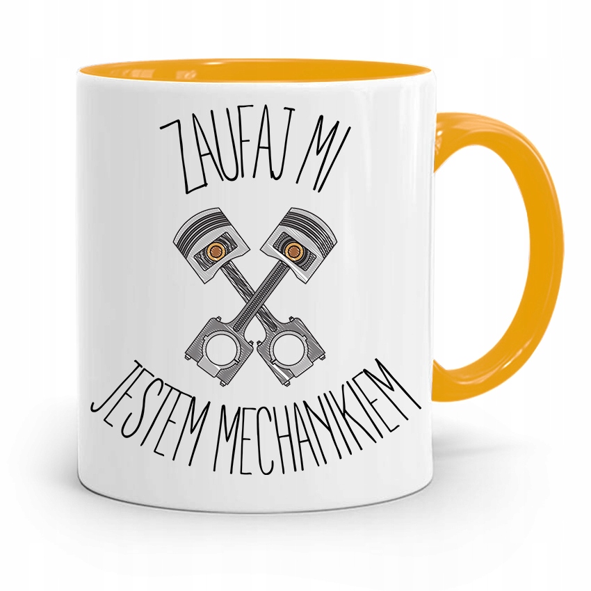 Kubek Żółty Mechanika Zaufaj Mi Jestem Mechanikiem Z Nadrukiem Ze Zdjęciem