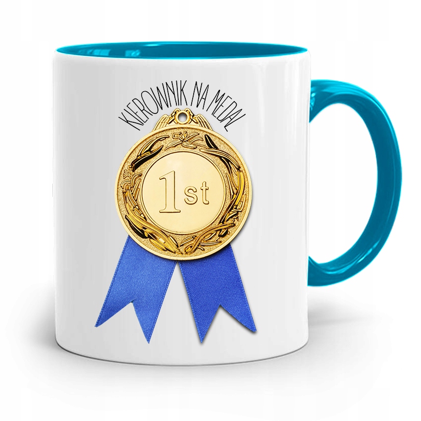 Kubek Błękitny Dla Kierownika Na Medal Prezent Z Nadrukiem Ze Zdjęciem