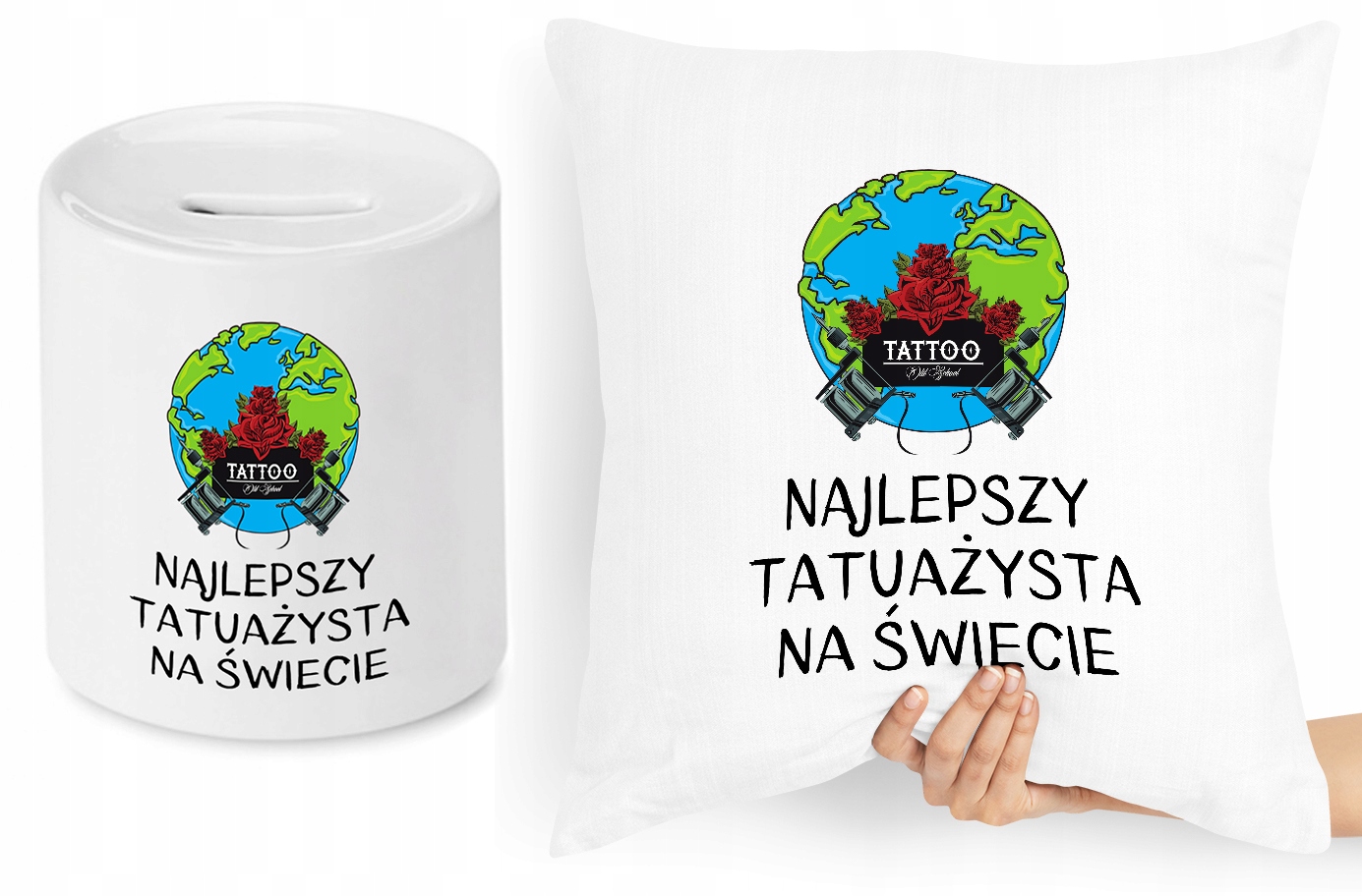 Dla Tatuażysty Zestaw Poduszka + Skarbonka Prezent Z Nadrukiem Ze Zdjęciem