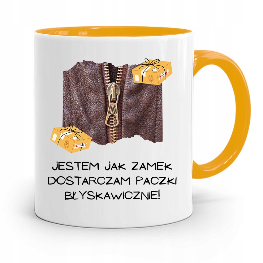 Kubek Żółty Dla Kuriera Dostarczam Błyskawicznie Z Nadrukiem Ze Zdjęciem