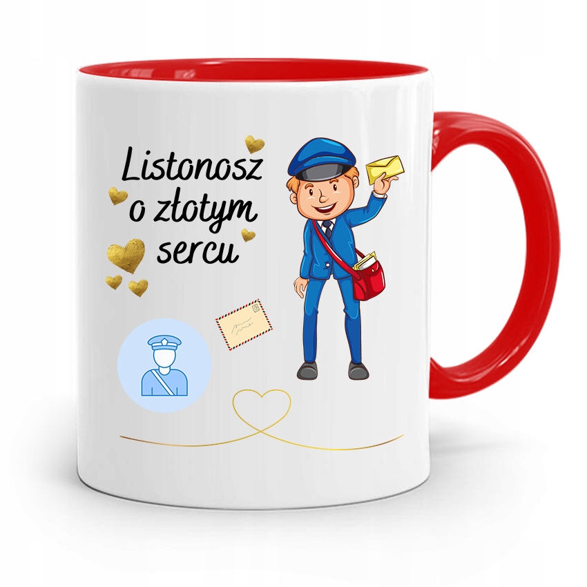 Kubek Czerwony Prezent Dla Listonosza Złotym Sercu Z Nadrukiem Ze Zdjęciem