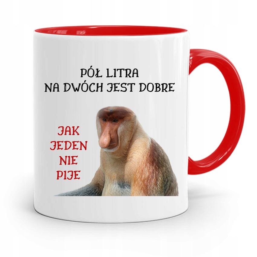 Kubek Czerwony Nosacz Janusz Pół Litra Na Dwóch Z Nadrukiem Ze Zdjęciem