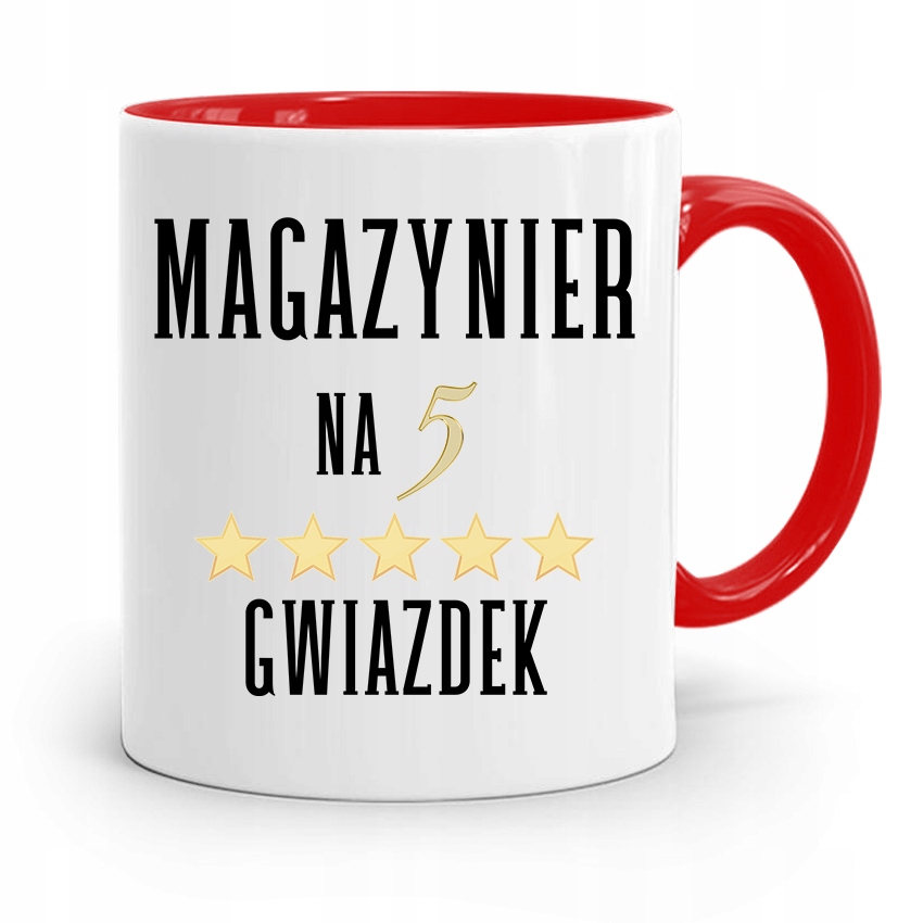 Kubek Czerwony Dla Magazyniera Na Pięć Gwiazdek Z Nadrukiem Ze Zdjęciem