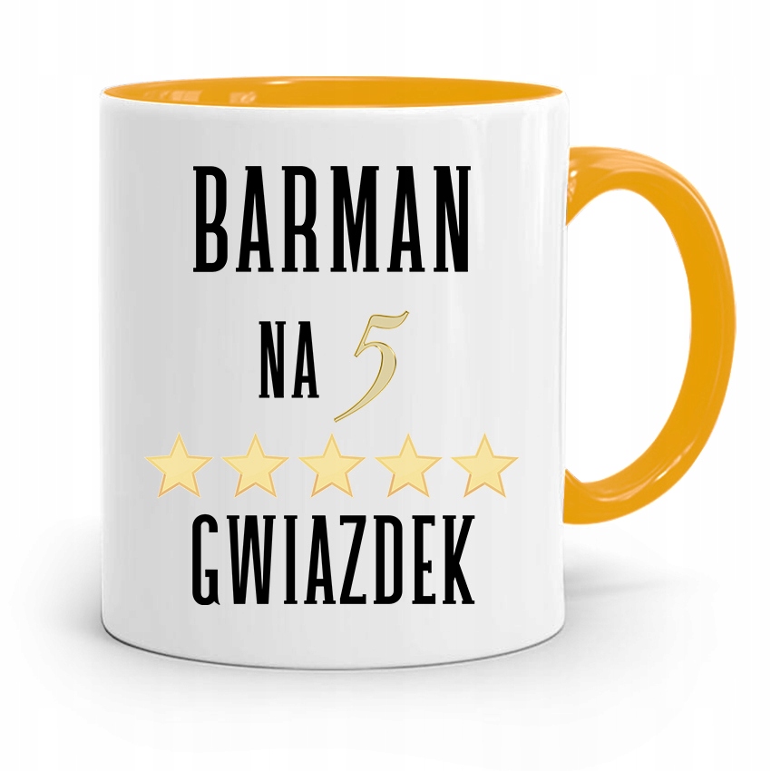 Kubek Żółty Dla Barmana Barman Na 5 Gwiazdek Z Nadrukiem Ze Zdjęciem
