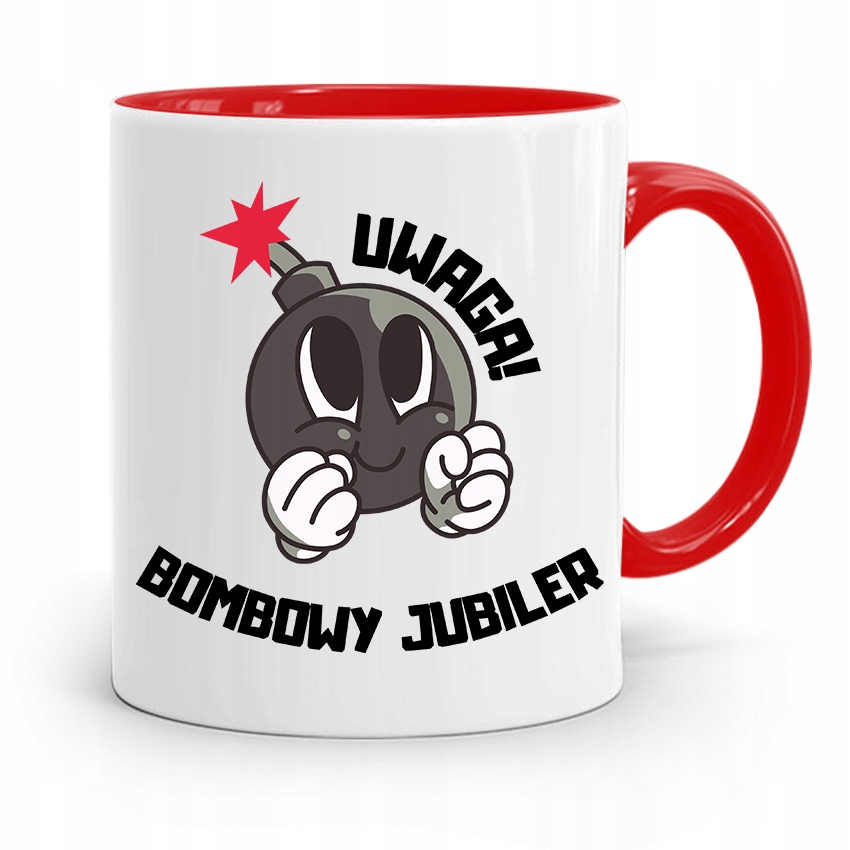 Dla Jubilera Kubek Czerwony Uwaga Bombowy Jubiler Z Nadrukiem Ze Zdjęciem