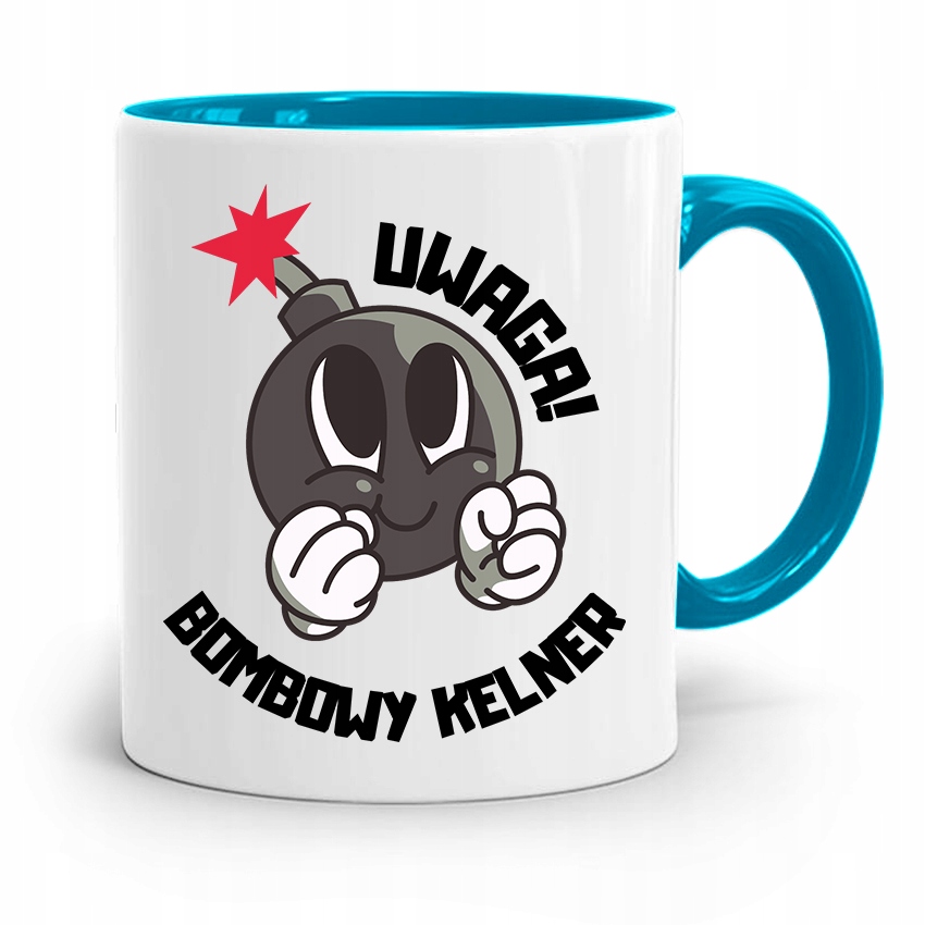 Dla Kelnera Kubek Błękitny Uwaga Bombowy Kelner Z Nadrukiem Ze Zdjęciem