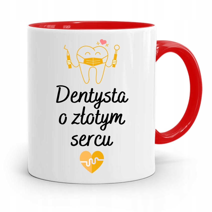 Kubek Czerwony Prezent Dentysty O Złotym Sercu Z Nadrukiem Ze Zdjęciem