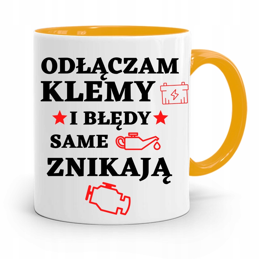 Kubek Żółty Prezent Dla Mechanika Odłączam Klemy Z Nadrukiem Ze Zdjęciem