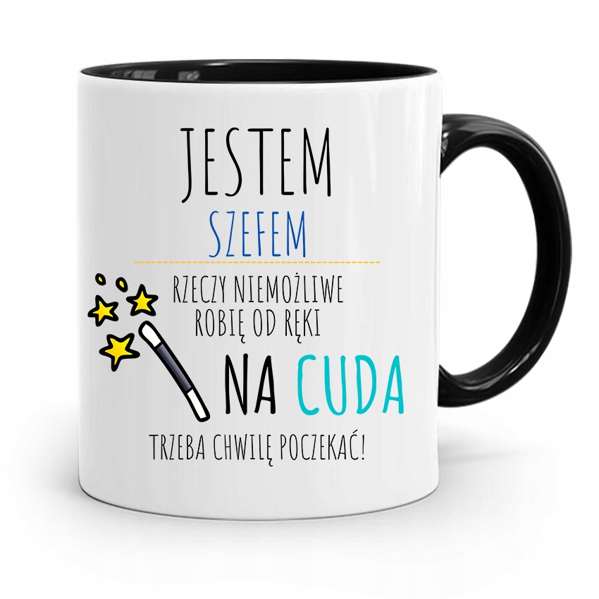 Kubek Czarny Prezent Szefa Na Cuda Trzeba Poczekać Z Nadrukiem Ze Zdjęciem