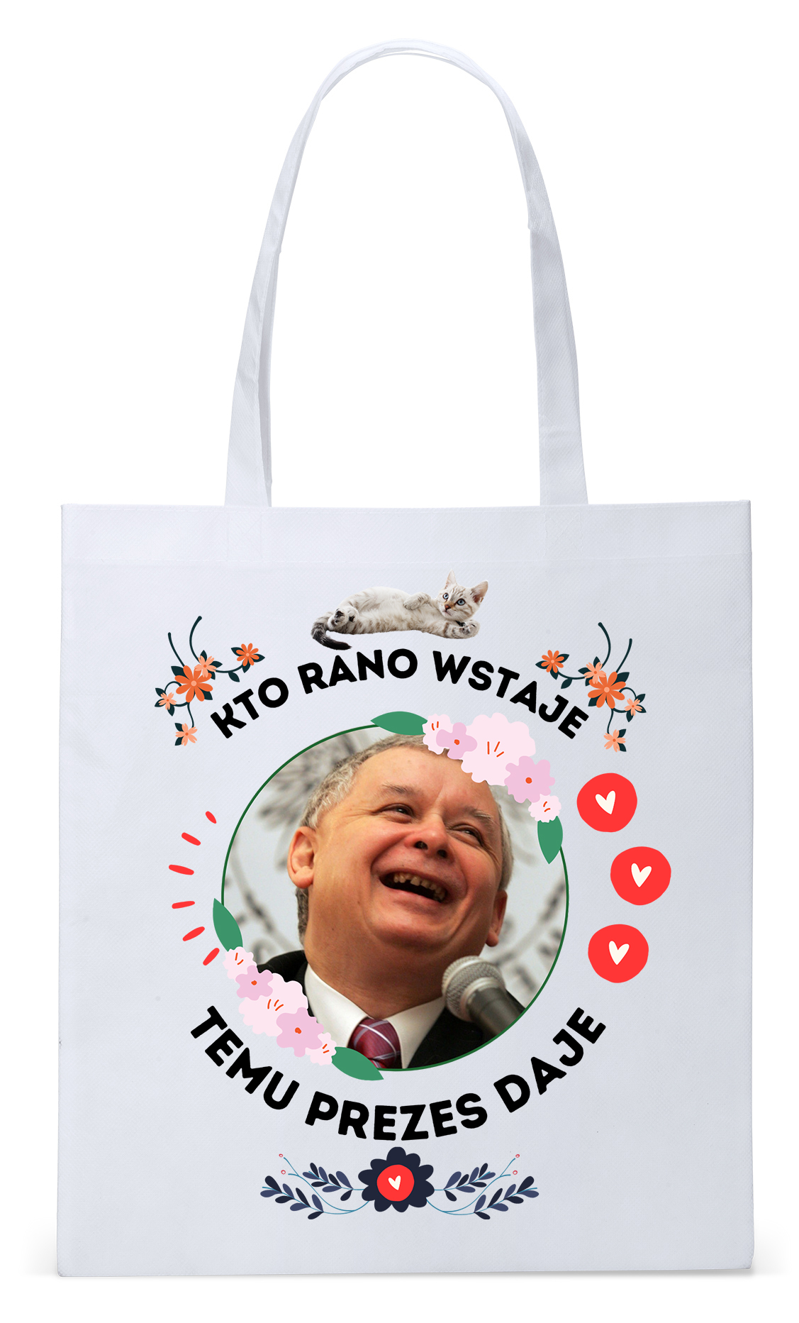 Śmieszny Pis Kaczyński Torba Eco Biała Shopper Z Nadrukiem Ze Zdjęciem