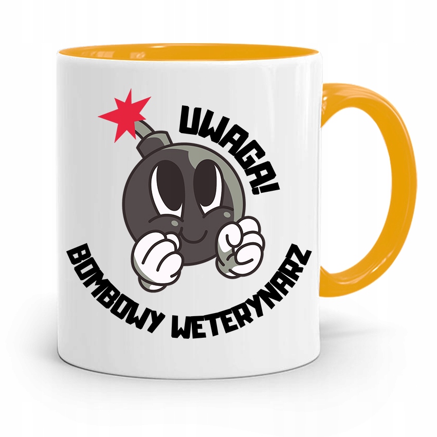 Kubek Żółty Weterynarza Uwaga Bombowy Weterynarz Z Nadrukiem Ze Zdjęciem