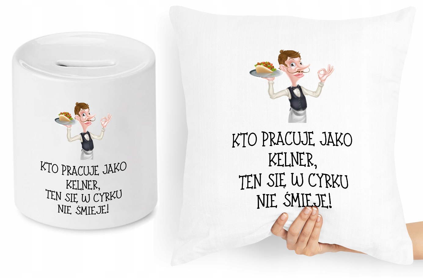 Dla Kelnera Zestaw Poduszka + Skarbonka Prezent Z Nadrukiem Ze Zdjęciem