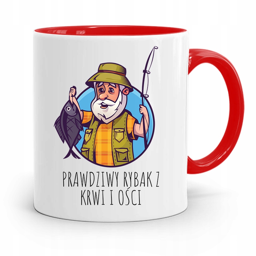 Kubek Czerwony Wędkarza Prawdziwy Rybak Z Ości Z Nadrukiem Ze Zdjęciem