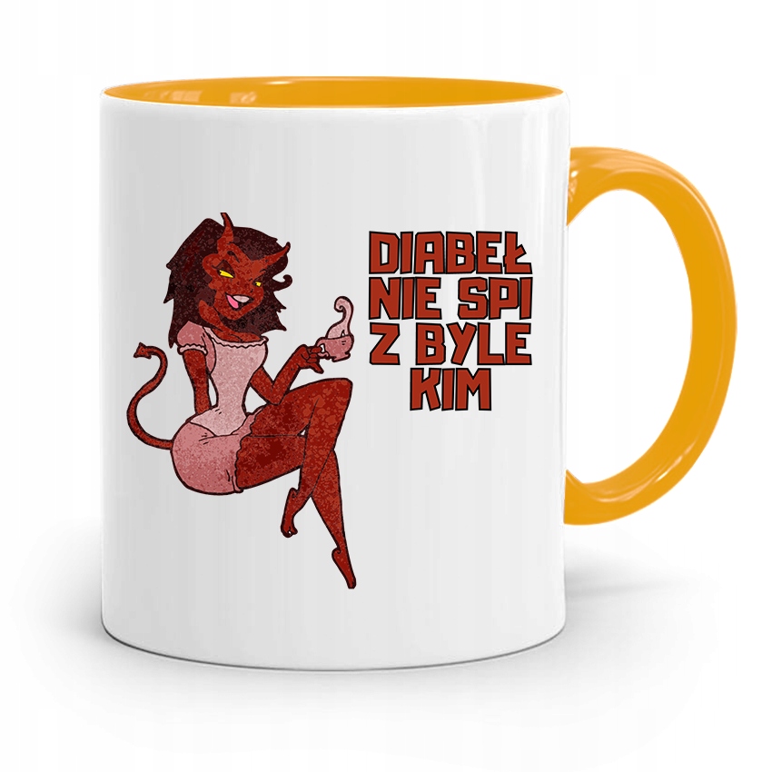 Kubek Żółty Dla Chłopaka Diabeł Nie Śpi Z Byle Kim Z Nadrukiem Ze Zdjęciem
