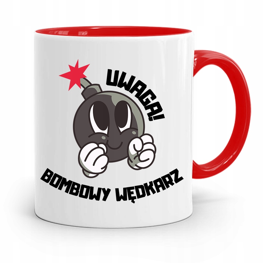 Kubek Czerwony Wędkarza Uwaga Bombowy Wędkarz Z Nadrukiem Ze Zdjęciem