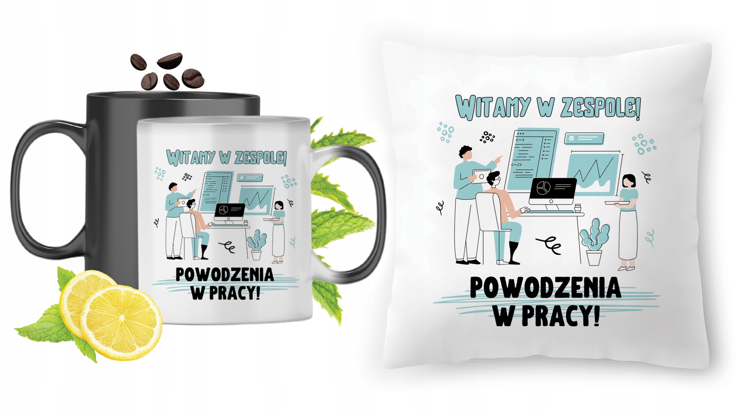 Na Powitanie W Pracy Zestaw Kubek Magiczny + Poduszka Z Nadrukiem Ze Zdjęci