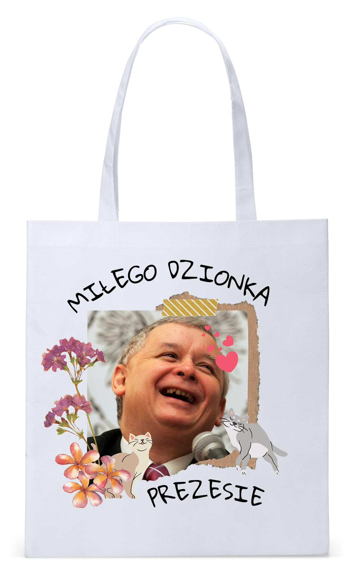 Śmieszny Pis Kaczyński Torba Eco Biała Shopper Z Nadrukiem Ze Zdjęciem