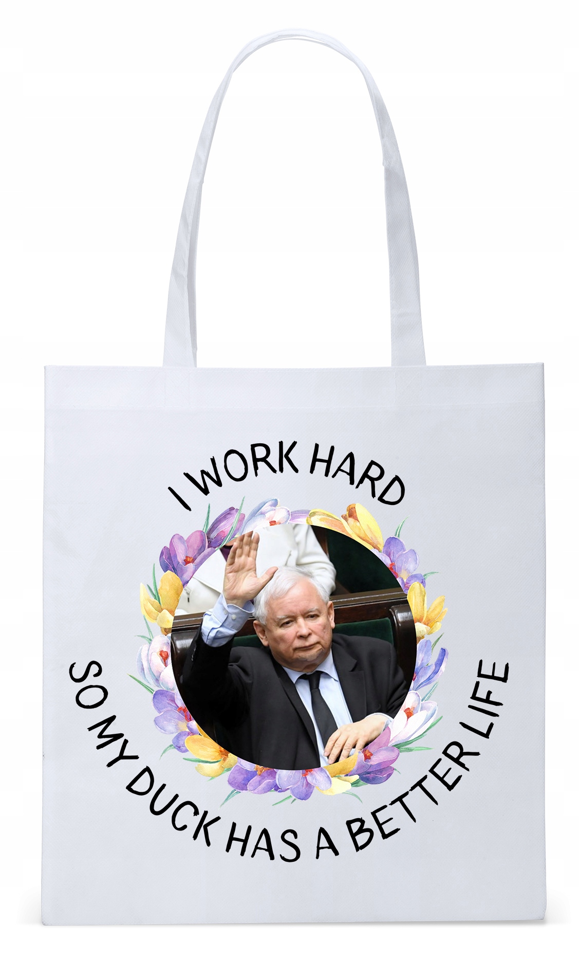 Śmieszny Pis Kaczyński Torba Eco Biała Shopper Z Nadrukiem Ze Zdjęciem