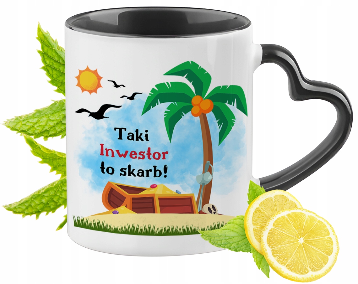 Kubek Czarny Z Uszkiem W Kształcie Serca Dla Inwestora Na Prezent