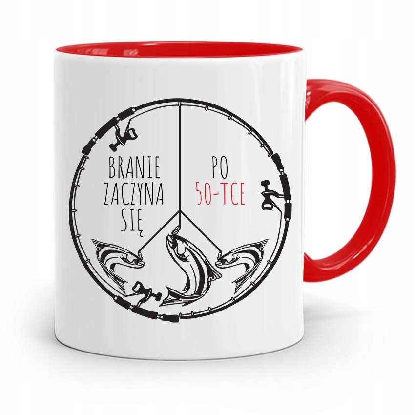 Kubek Czerwony Wędkarza Branie Zaczyna Się Po 50 Z Nadrukiem Ze Zdjęciem