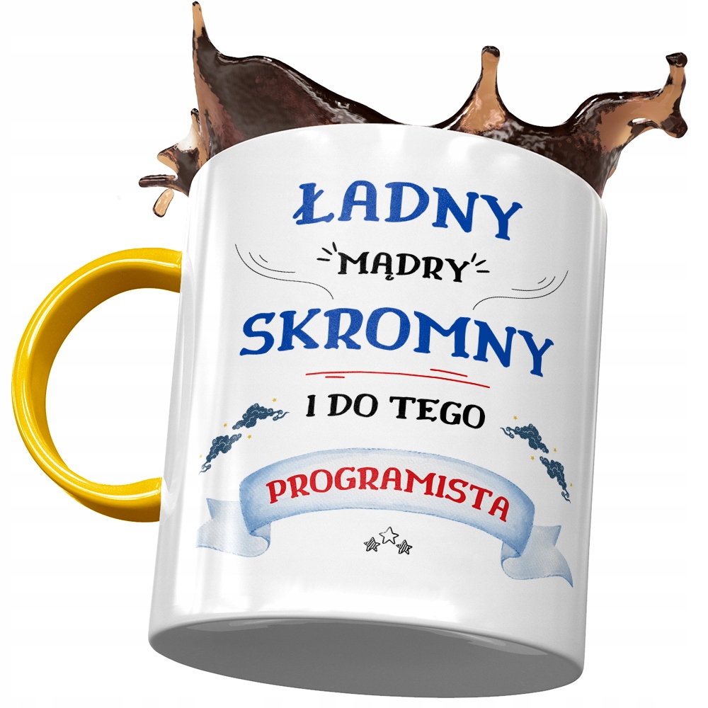 Kubek Żółty Dla Programisty Ładny Mądry Skromny Z Nadrukiem Ze Zdjęciem