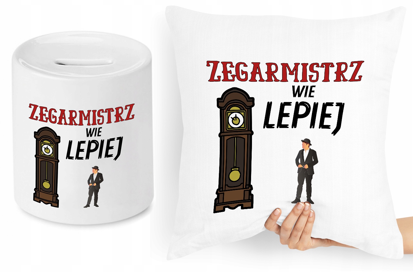 Dla Zegarmistrza Zestaw Poduszka + Skarbonka Z Nadrukiem Ze Zdjęciem