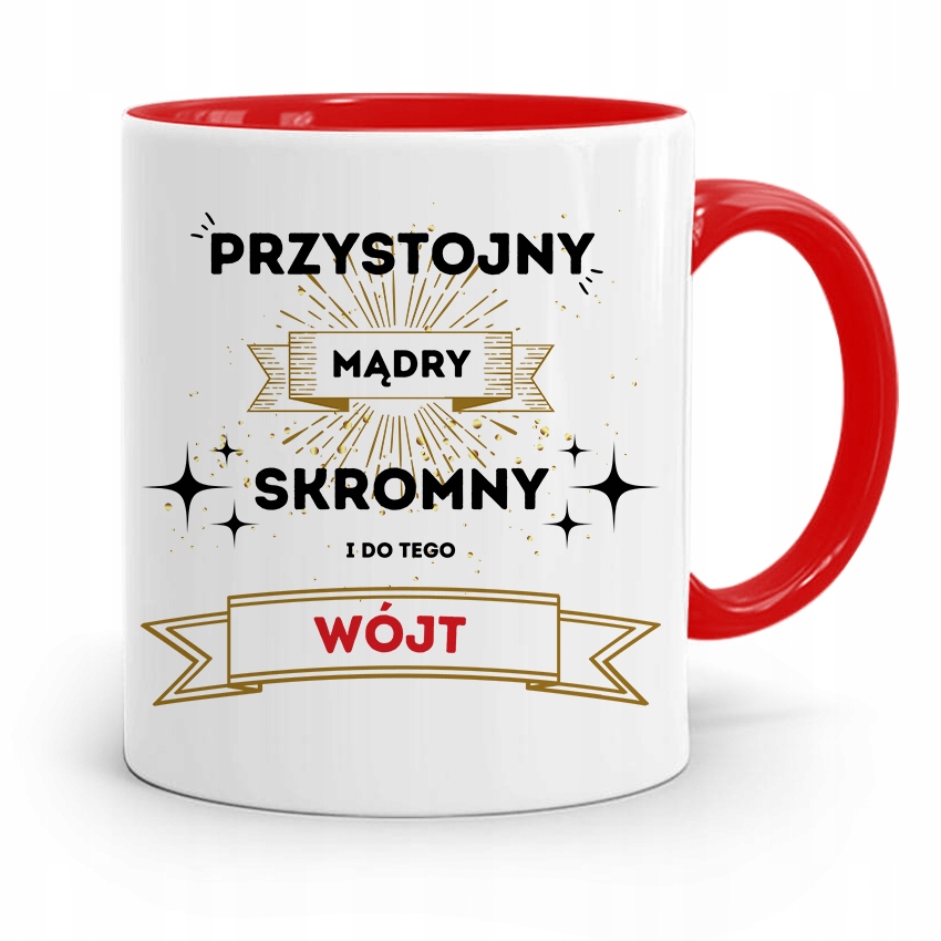Dla Wójta Kubek Czerwony Przystojny Mąry I Skromny Z Nadrukiem Ze Zdjęciem