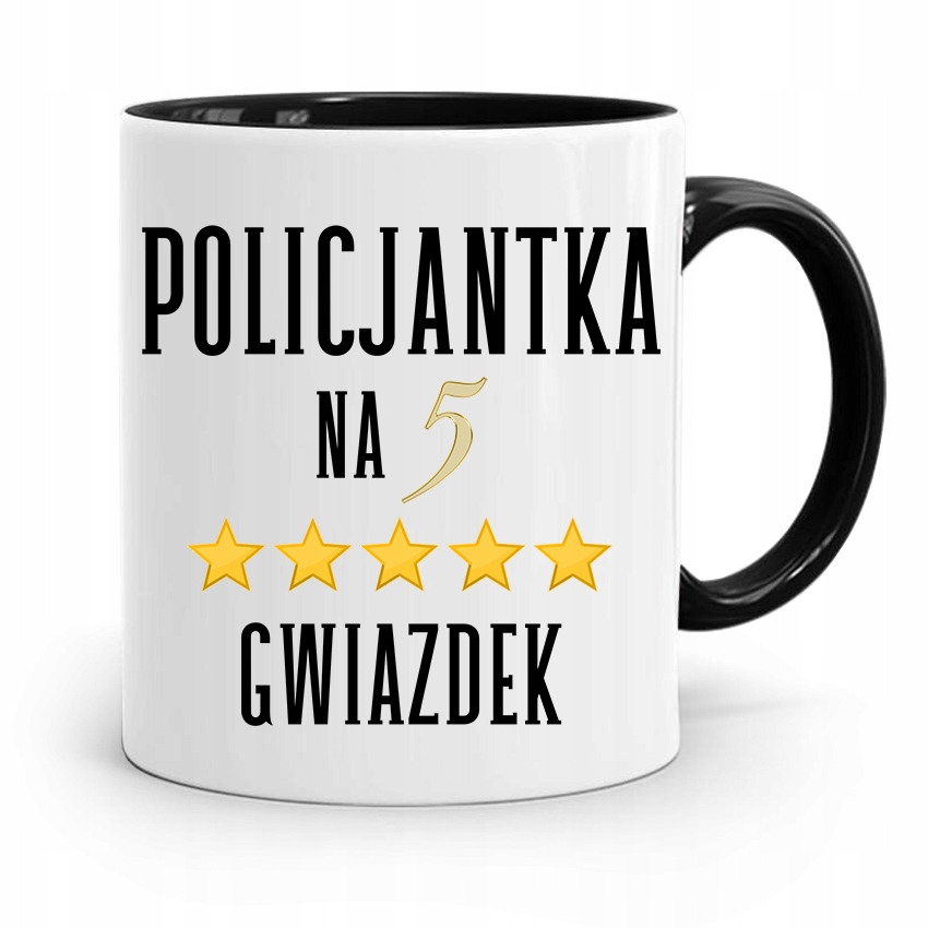 Kubek Czarny Dla Policjantki Na Pięć Gwiazdek Z Nadrukiem Ze Zdjęciem