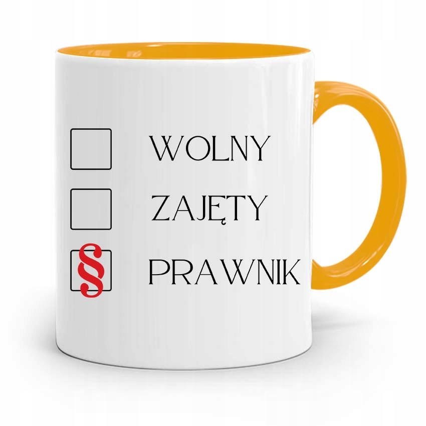 Kubek Żółty Prawnika Mecenasa Wolny Zajęty Prawnik Z Nadrukiem Ze Zdjęciem