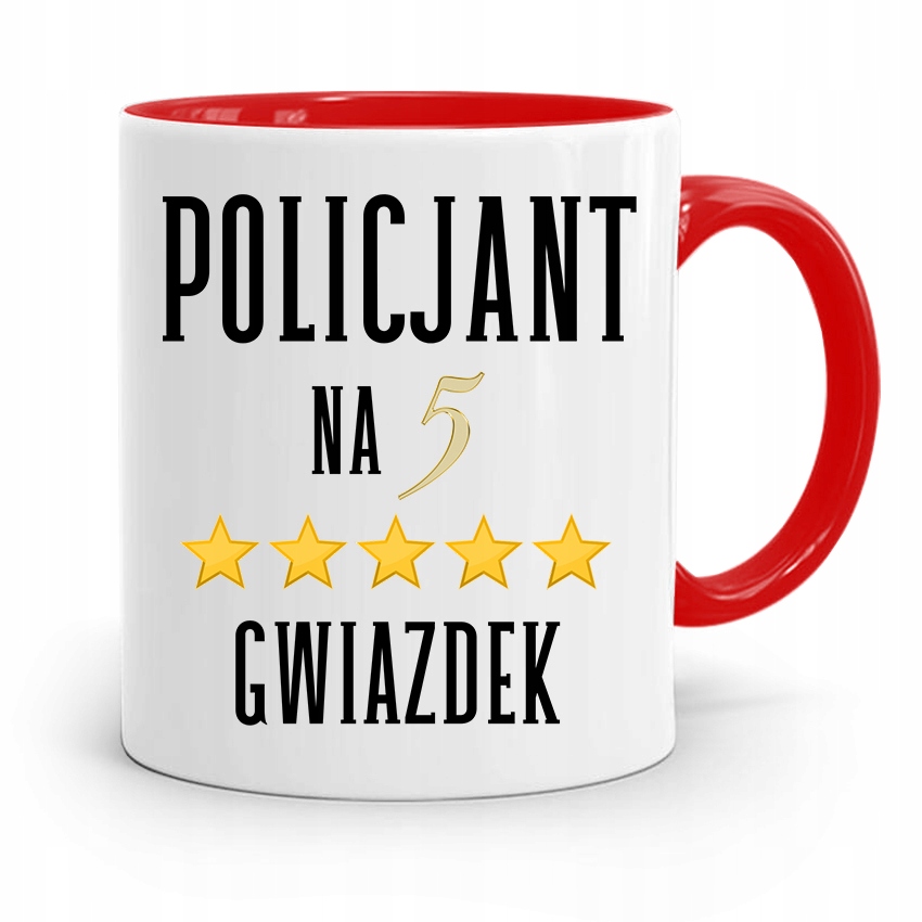 Kubek Czerwony Dla Policjanta Na Pięć Gwiazdek Z Nadrukiem Ze Zdjęciem