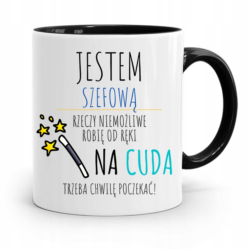 Kubek Czarny Dla Szefowej Na Cuda Trzeba Poczekać Z Nadrukiem Ze Zdjęciem