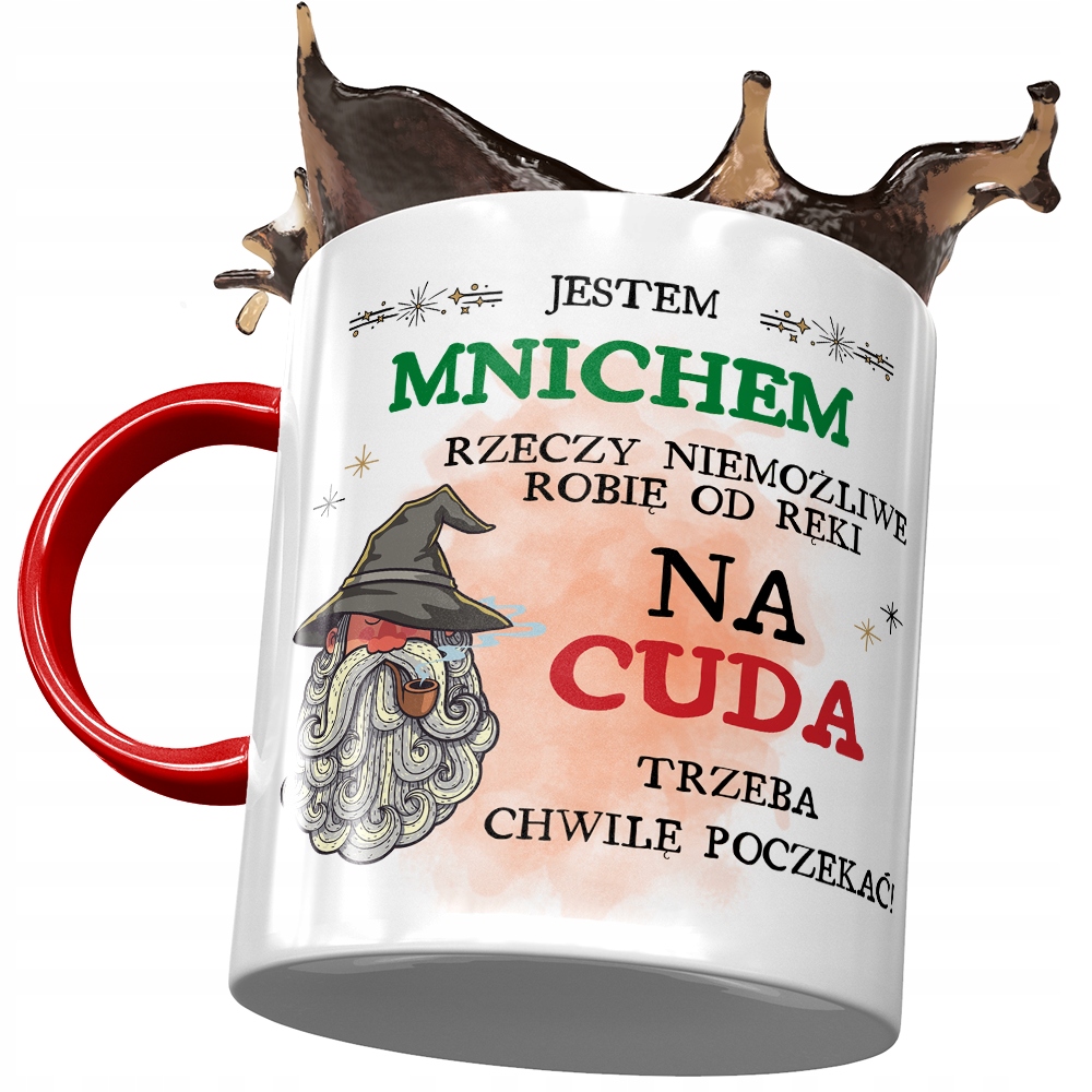 Kubek Czerwony Dla Mnicha Na Cuda Trzeba Poczekać Z Nadrukiem Ze Zdjęciem
