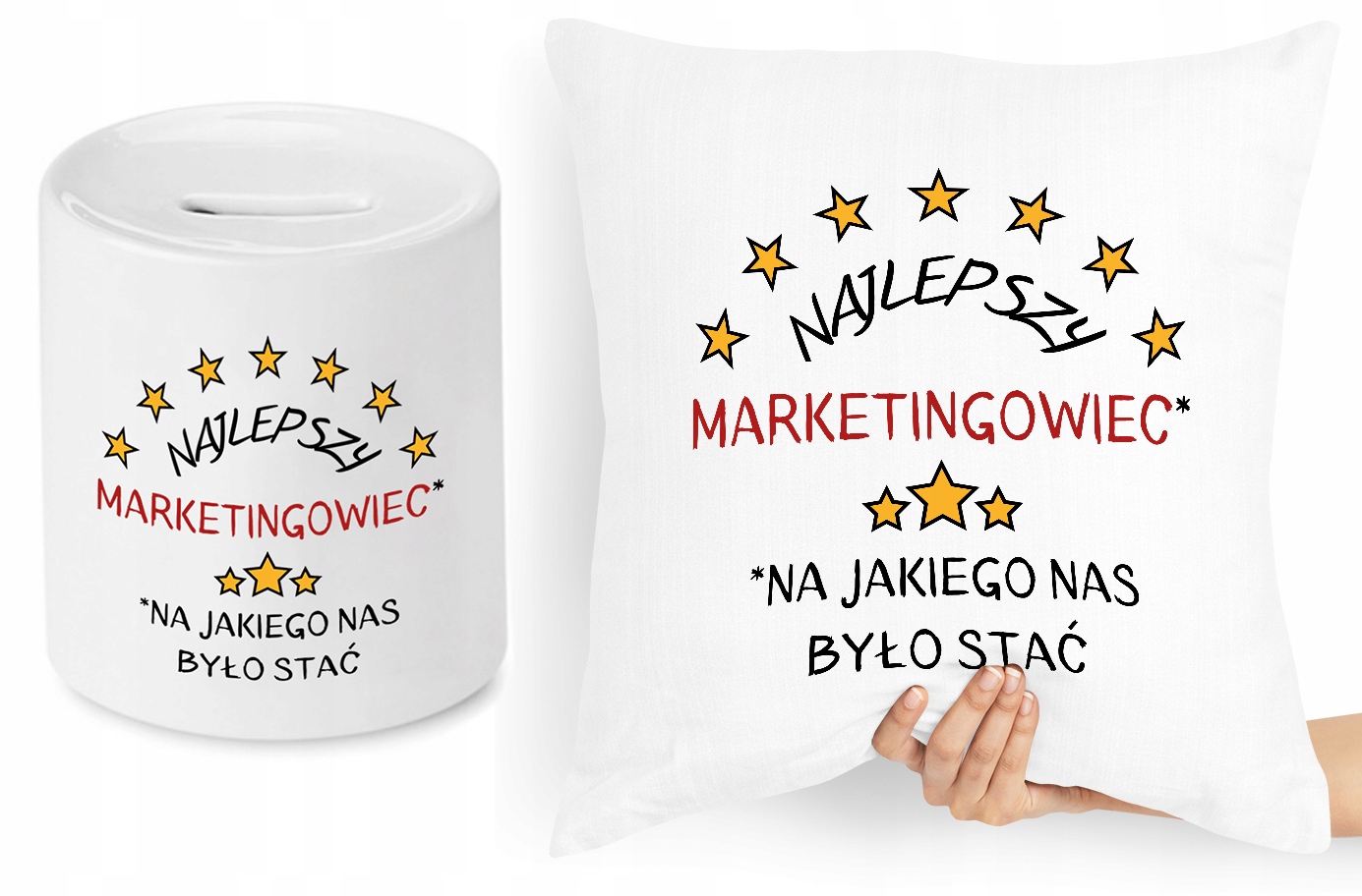 Dla Marketingowca Zestaw Poduszka + Skarbonka Z Nadrukiem Ze Zdjęciem