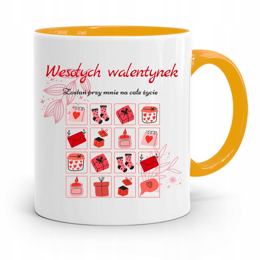 Kubek Żółty Na Walentynki Wesołych Walentynek Z Nadrukiem Ze Zdjęciem