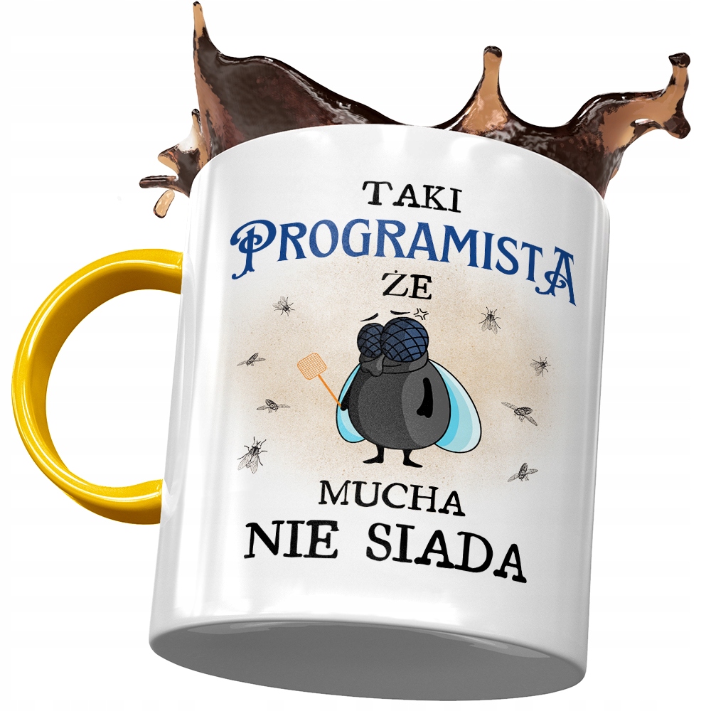 Kubek Żółty Dla Programisty Że Mucha Nie Siada Z Nadrukiem Ze Zdjęciem