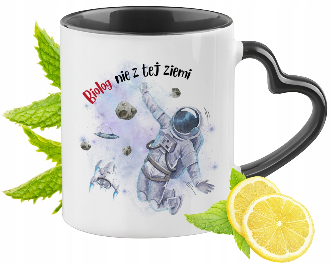 Kubek Czarny Z Uszkiem W Kształcie Serca Dla Biologa Na Prezent