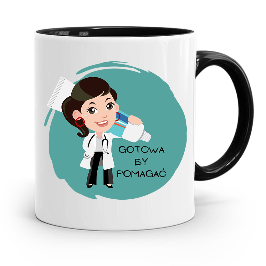 Kubek Czarny Prezent Dentysty Gotowa By Pomagać Z Nadrukiem Ze Zdjęciem