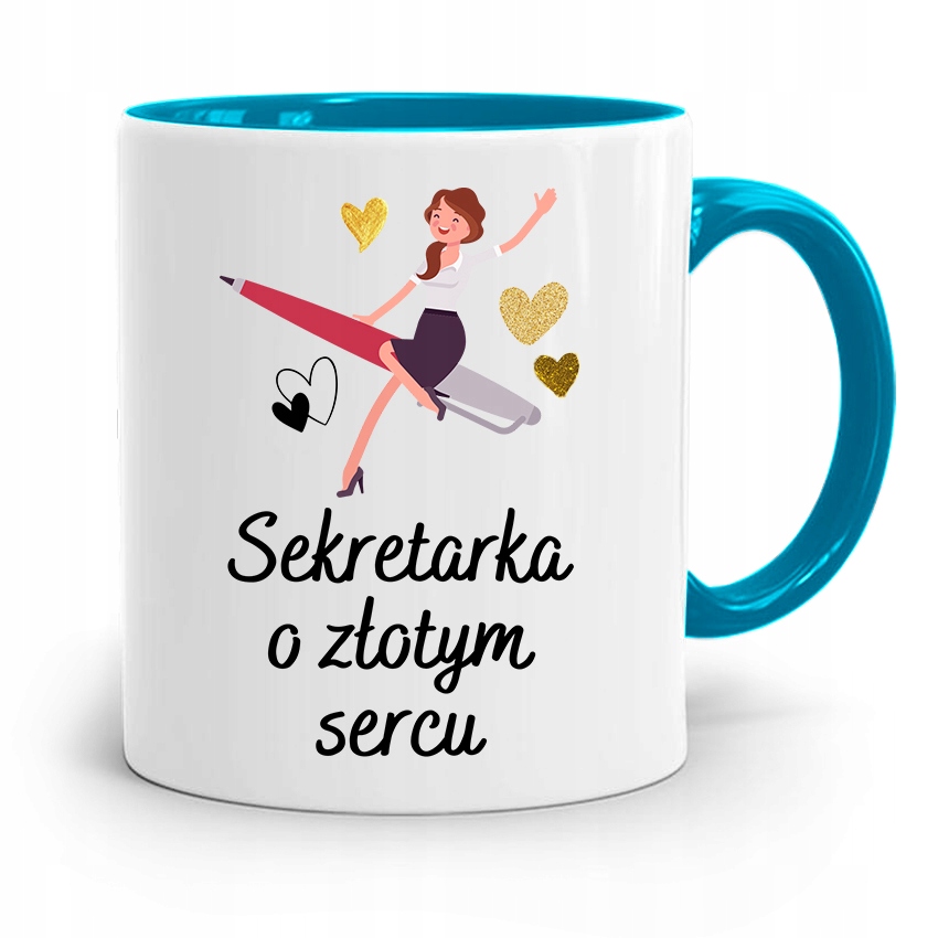 Kubek Błękitny Prezent Dla Sekretarki O Złotym Z Nadrukiem Ze Zdjęciem