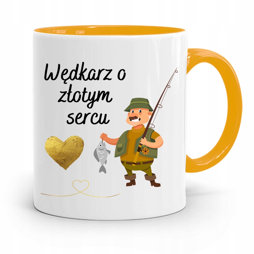 Kubek Żółty Wędkarza Wędkarz O Złotym Sercu Z Nadrukiem Ze Zdjęciem