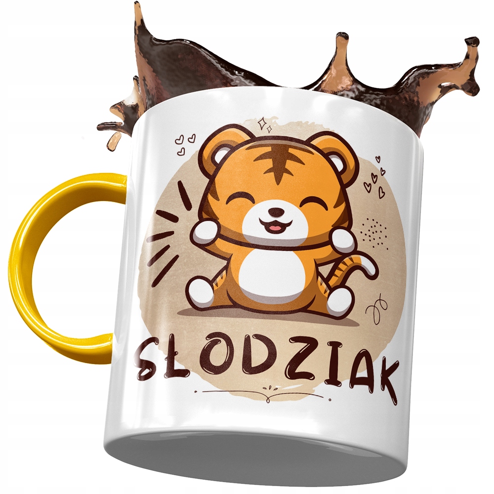 Kubek Żółty Z Tygryskiem Słodki Na Prezent Z Nadrukiem Ze Zdjęciem