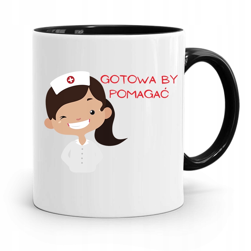 Kubek Czarny Dla Pielęgniarki Gotowa By Pomagać Z Nadrukiem Ze Zdjęciem