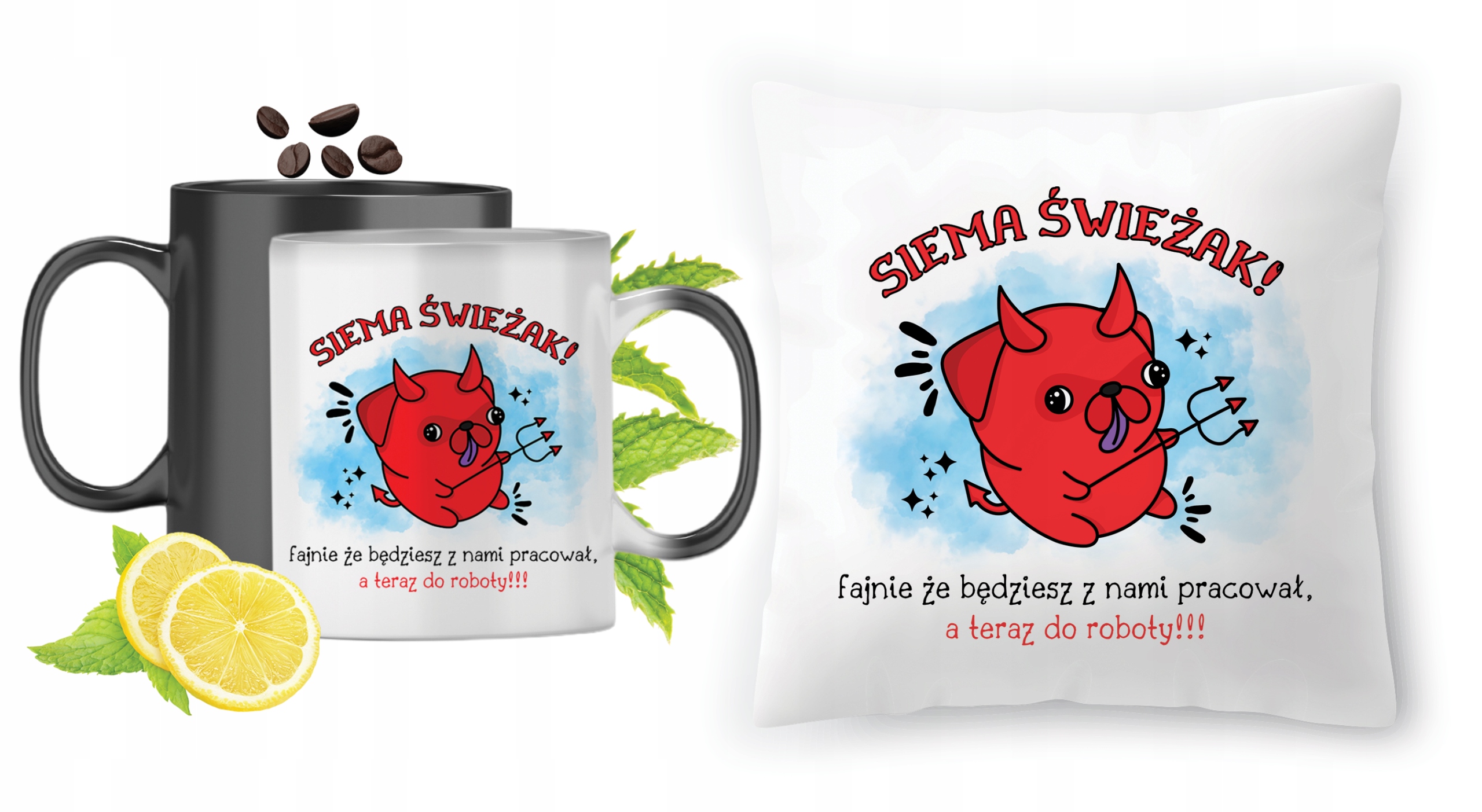 Na Powitanie W Pracy Zestaw Kubek Magiczny + Poduszka Z Nadrukiem Ze Zdjęci