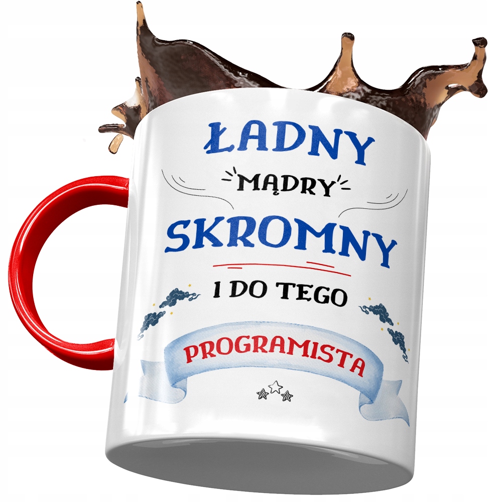 Kubek Czerwony Dla Programisty Ładny Mądry Skromny Z Nadrukiem Ze Zdjęciem